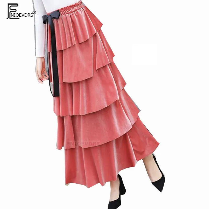 

Winter Velvet Skirts Women Design Layer Bow Tie Skirts Pink Blue Gray Black Elegant Office Lady Work Cute High Waist Skirt Long