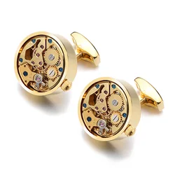 Gold Watch Movement Cufflinks - Steampunk Gear Design in Stainless Steel with Gift Box (Silver Plated)
