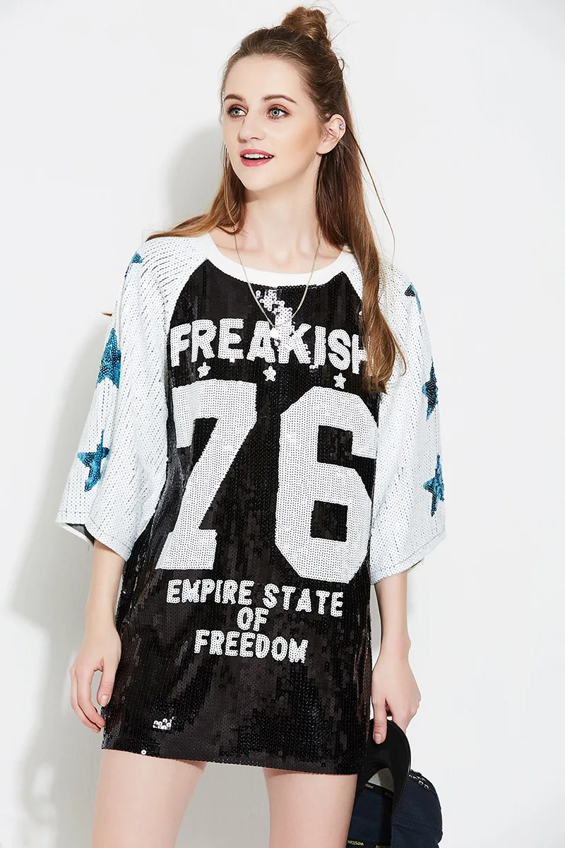 Wholesale Summer Mesh Oversized Sequin 3/4 Sleeve 76 Letter Printed Shirt Dress Street Loose Long Tee Summer Vestido Harajuku Dress Buy Cheap Summer Mesh Oversized Sequin 3/4 Sleeve 76 Letter Printed Shirt Dress Street Loose Long Tee Summer Vestido Harajuku Dress