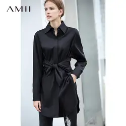 Amii Минималистичная женская блузка 2018 офисная однотонная с длинным рукавом на шнуровке сзади тонкая рубашка с зубчатым воротником из 100%