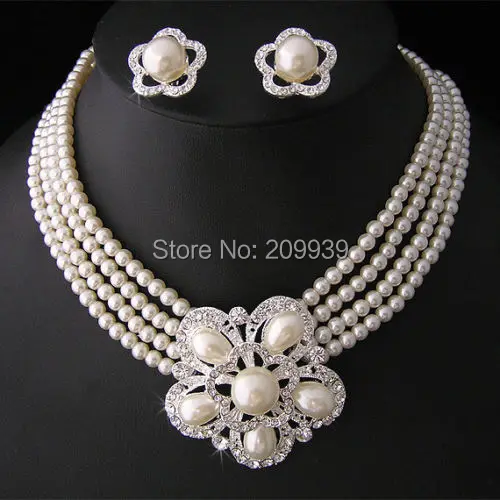 

huij 003605 Wedding/Bridal pearl &crystal necklace earring set