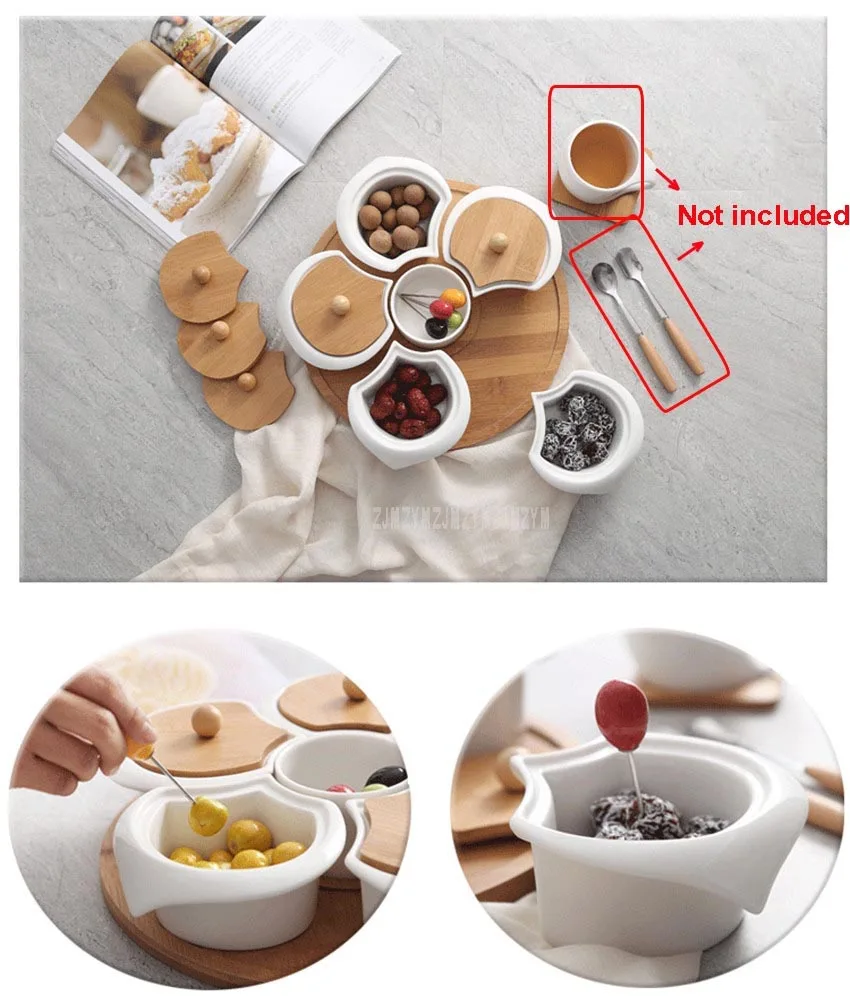 Новое керамическое блюдо для хранения с бамбуковым поддоном, креативная разделительная коробка, тарелка, конфетный диск, коробка для хранения, закуска, сухофрукты, миска с крышкой
