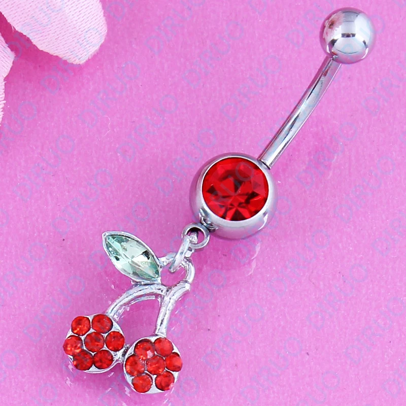 Free Shipping Rhinestone Belly Button Ring Cherry Dangle Body Piercing