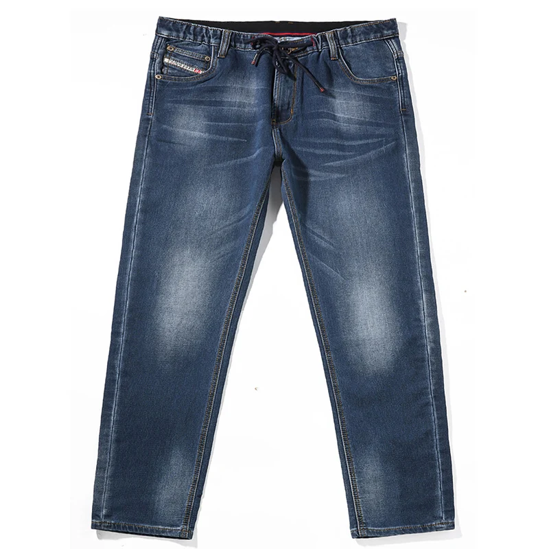 

2019 New Arrival Loose Casual Jeans Men Elastic Waist Straight Pants Big Size Autumn Winter Blue Overalls for Male