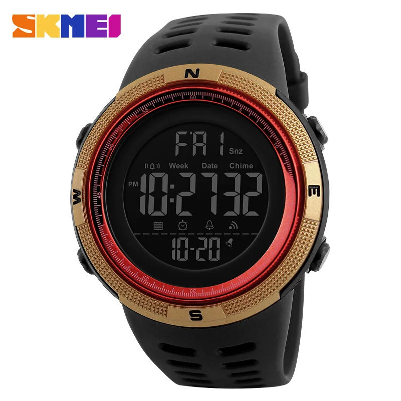 SKMEI, модные спортивные часы для мужчин, для улицы, 5 бар, водонепроницаемые, цифровые часы для мужчин, Chrono, будильник, мужские наручные часы, reloj hombre 1251 - Цвет: Gold