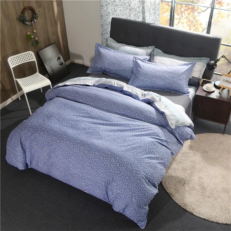 

Blue And White Rectangle Pattern Polyester Fiber Duvet Cover Flat Bed Sheets +Pillowcase King Queen Full Twin Bedding Set 4Pcs