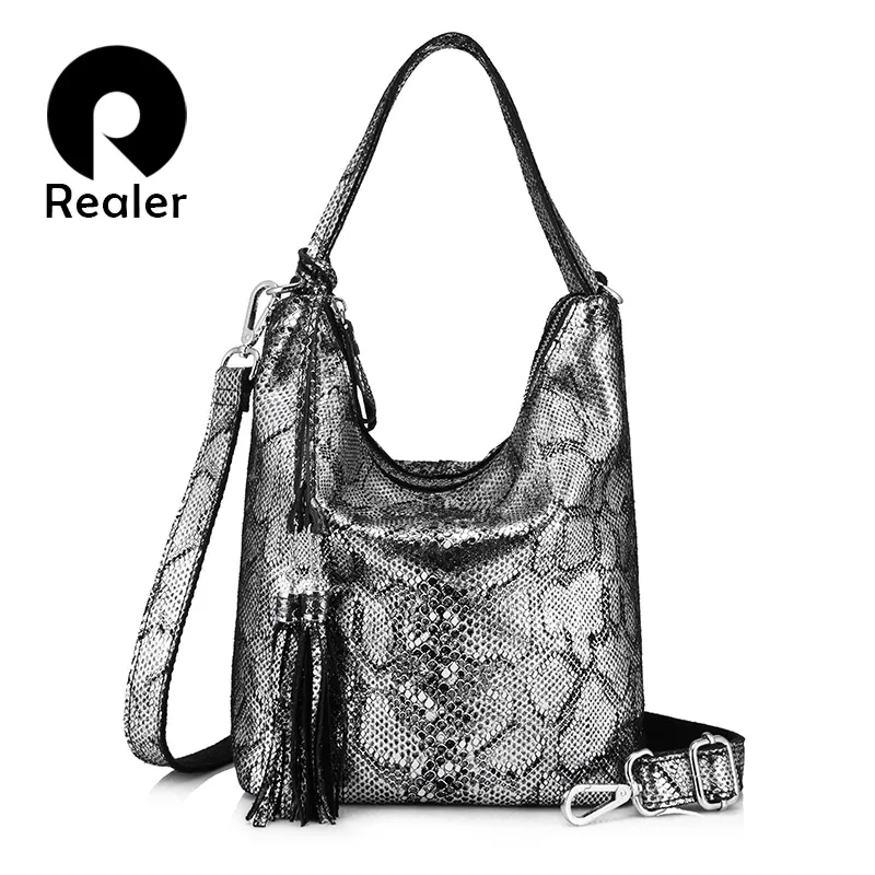 

REALER genuine leather women handbags fashion female messenger bag with tassel shoulder bag for women big capacity high quality