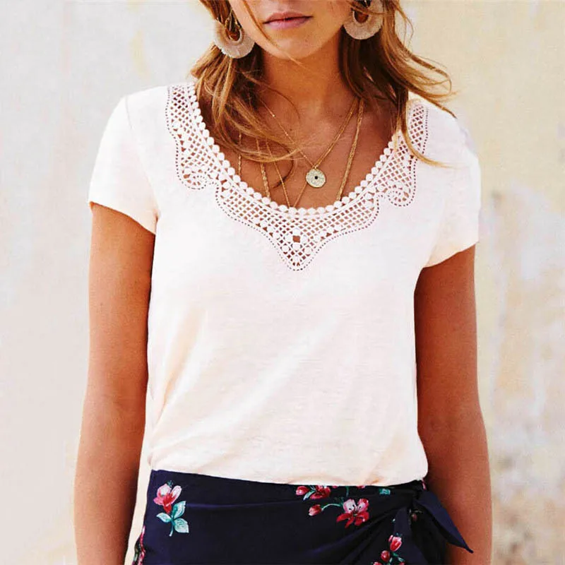

Summer Women Casual Lace Top Elegant Short Sleeve Tee shirt femme Ladies T shirt White loose debardeur femme Female tshirt