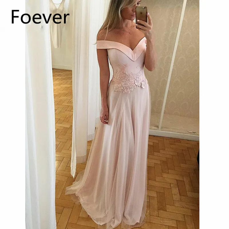 

2019 Blush Pink Off Shoulder Evening Dresses with Appliques A-Line Tulle Vestido de festa longo Long evening dress for women