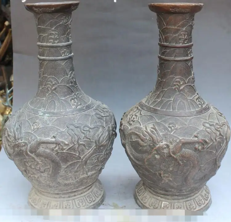 

S00259 18" China FengShui Folk Purple Bronze Dragon Flower Vase Bottle Statue Pair B0403