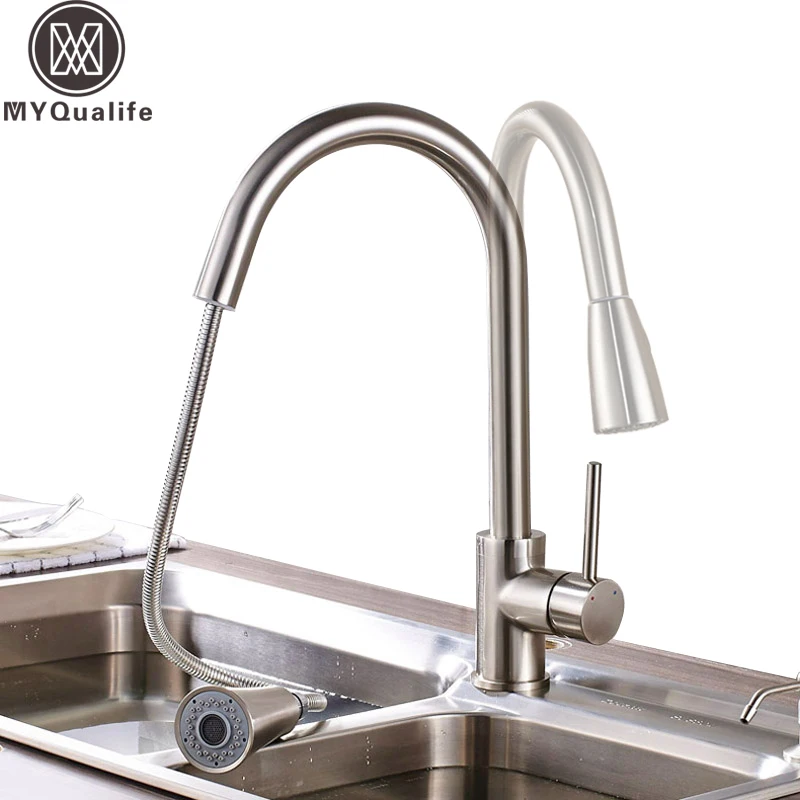 

Brushed Nickel 360 Rotation Pull Out Kitchen Sink Faucet Deck Mounted Dual Sprayer Head Mixer Taps Kitchen Crane Taps