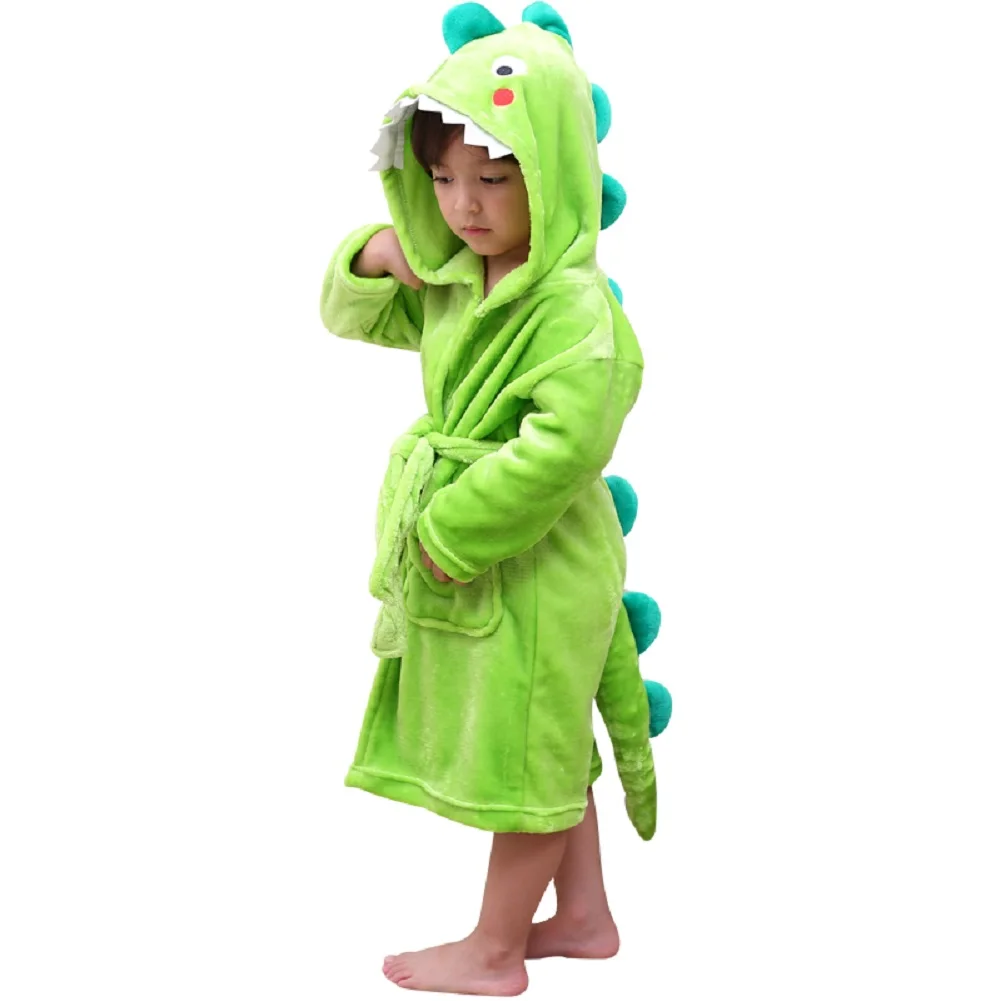 LOLANTA Boys Girls Plush Hooded Bathrobe Dinosaur Fleece Robe