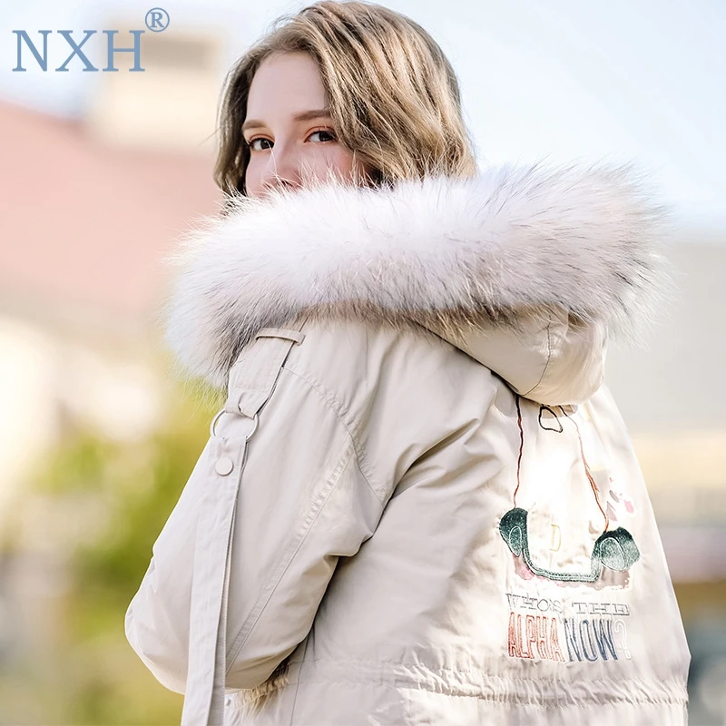NXH женские куртки зимнее белое пальто Верхняя одежда настоящий большой меховой воротник с капюшоном легкая куртка богемная белая утка наполнение девушки