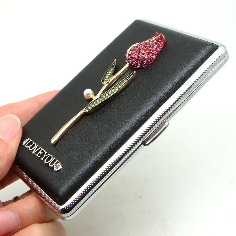 Бриллиантовая красная роза Дамская Длинная кожаная коробка для сигарет творческая личность 20 супер тонкая коробка для сигарет подарок