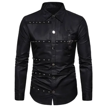 

2019 New Foreign Trade Fashion Solid Color Goth Style Rivet Pocket Decoration Large Size Men's Long-sleeve Shirt