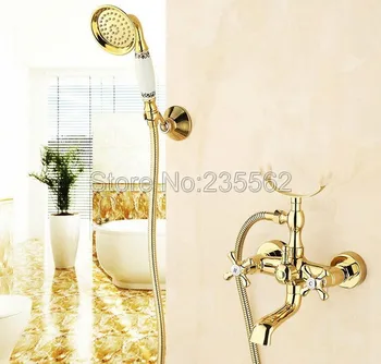 

Bathroom Wall Mount Golden Brass Clawfoot Tub Faucet with Handheld Shower / Dual Corss Handles Mixer Tap ltf124