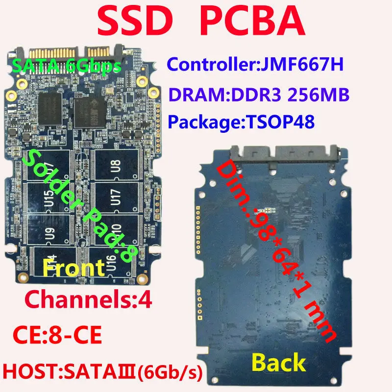 

SSD PCBA Kits, JMF667H Controller ,SATA3(6Gbps), SSD DIY Kits,8-Pad SSD PCB, 4-channel 8-CE SSD Controller ,TSOP48 SOLDER PAD