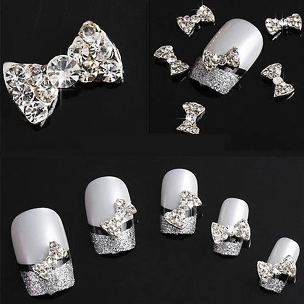 New Hot drill nail jewelry style bow tie nail art rhinestone Silver