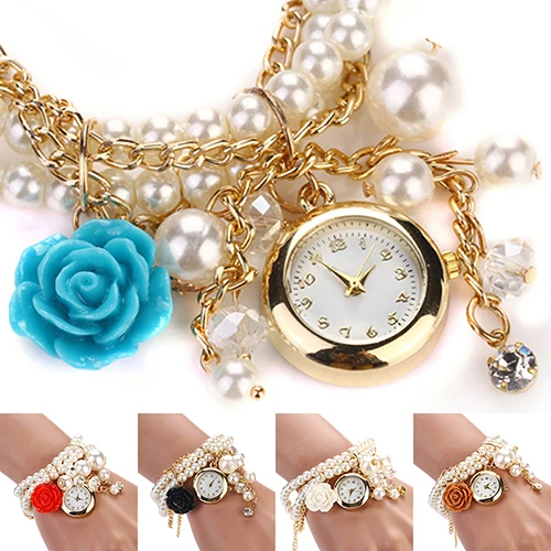 

Women Fashion Rose Flower Pendant Faux Pearl Analog Quartz Bracelet Wrist Watch