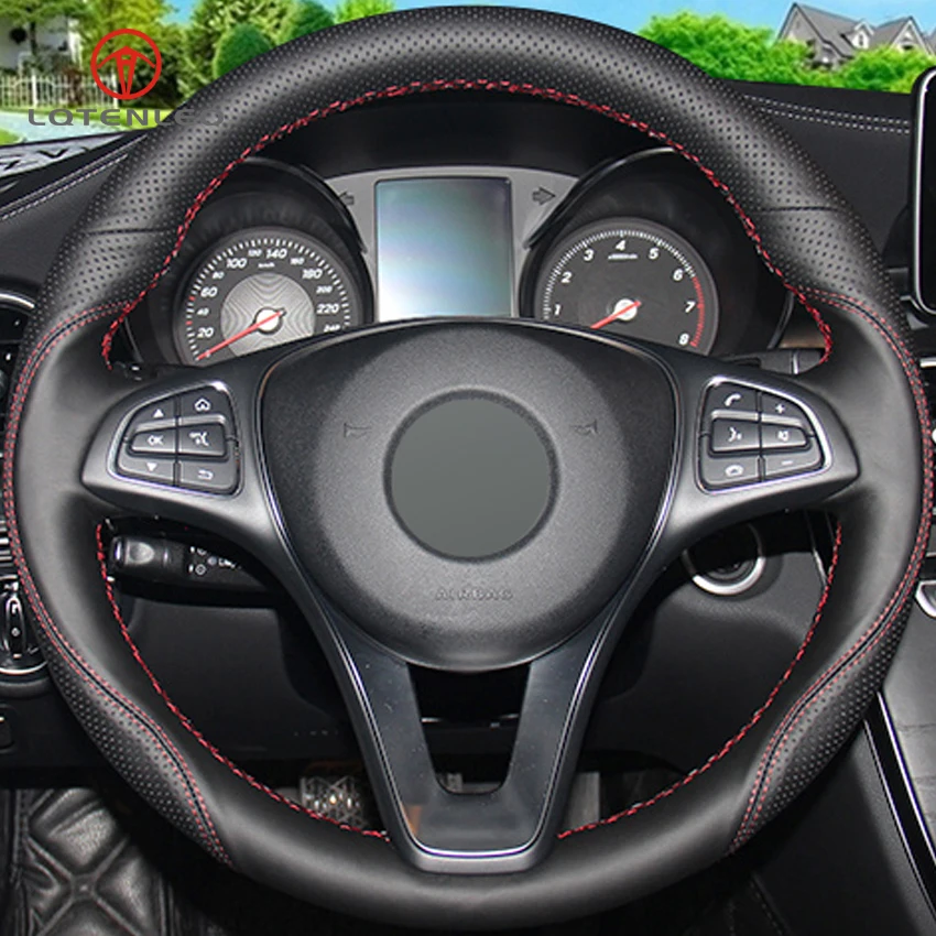 LQTENLEO Black Genuine Leather DIY Hand stitched Car Steering Wheel