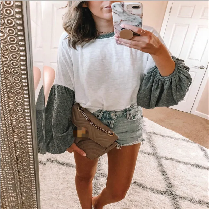 

MeiHuiDa 2018 New Style Women Loose Long Sleeve Patchwork Casual Blouse Tunic Tops Fashion O Neck Blouse