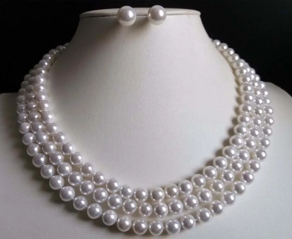 3 Rows 8mm White South Sea Shell Pearl Necklace Earrings 17-19&quot | Украшения и аксессуары