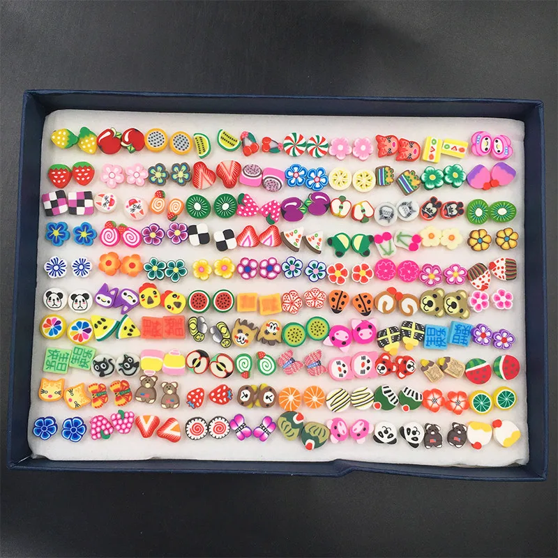 

100 Pairs / Set Cute Animal Stud Earrings Set Handwork Polymer Clay Bear/Cat/Dog/Fruit Small Random Earring Mix Accessories
