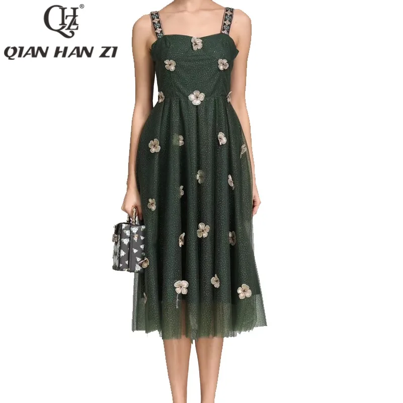 

Qian Han Zi New 2019 Fashion Runway Summer Dress Women's Spaghetti Strap Overlay Mesh Floral Embroidery Elegant Party Midi Dress