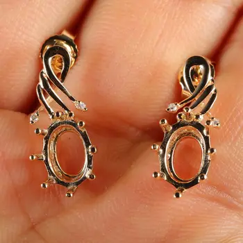 

6X8mm Oval Cut Semi Mount Stud Earrings Solid 14k Yellow Gold SI Diamonds Charm