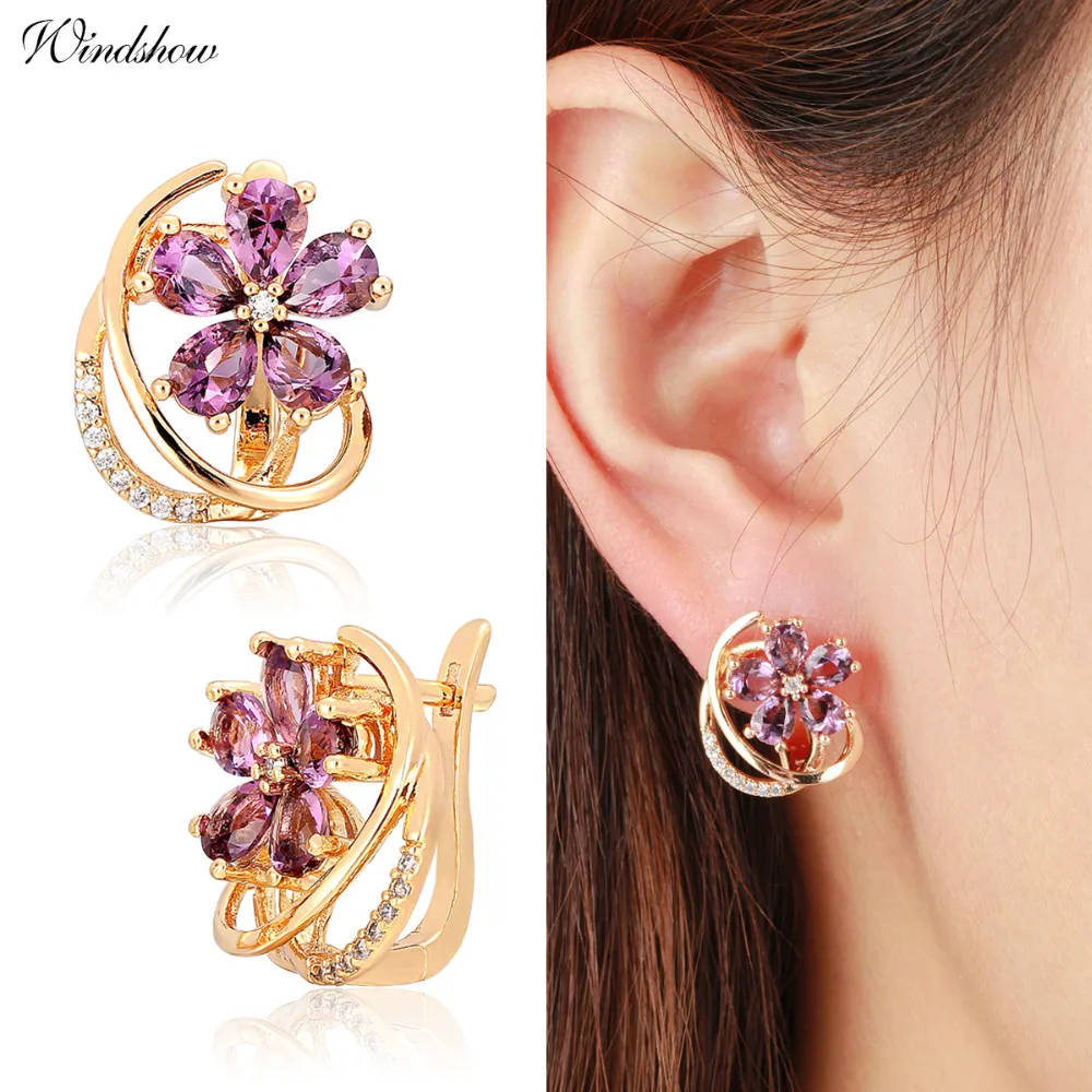 4Colors Five Petal Flower Paved Pear CZ Crystals Huggies Small Hoops Earrings for Women Yellow Gold Color Jewelry New