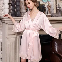 Шелковый халат для спальни, комплекты одежды для сна, розовый летний, Женский банный халат, комплект из 2 предметов, сексуальное кружевное белье, шелковое Пятнистое ночное белье, домашняя одежда