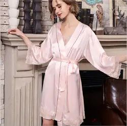 Шелковые халат для спальни платье наборы для ухода за кожей пижамы розовый лето 2019 женщина для ванной Халат 2 шт. пикантные кружево 100% шелк