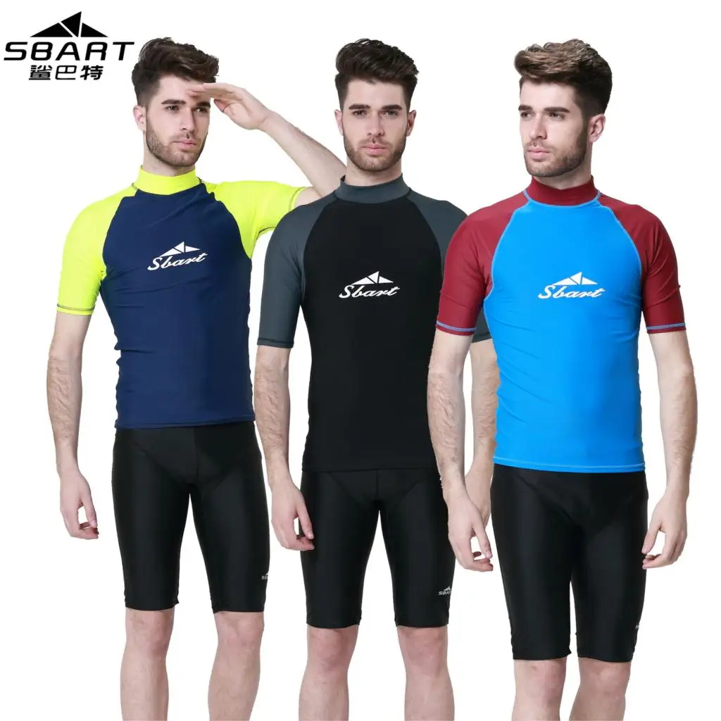 SBART swimsuit UV short sleeve surfing rash guard men swim shirt rush ...