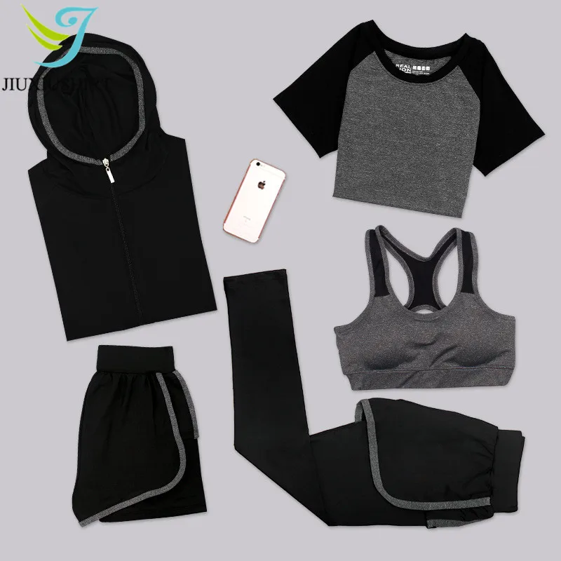 JINXIUSHIRT Женский спортивный костюм для йоги, комплект из 5 предметов, женские штаны с короткими рукавами, быстросохнущая Спортивная одежда для бега