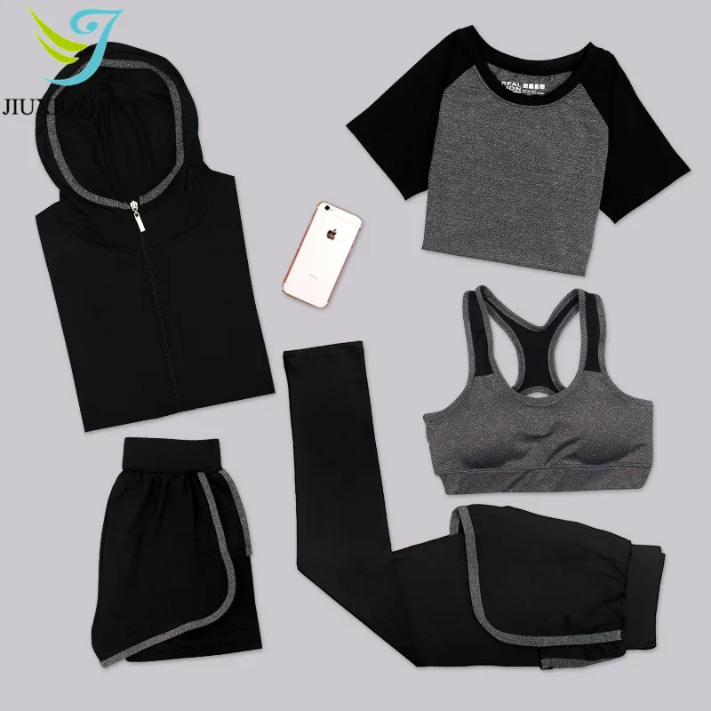 ✔ JINXIUSHIRT Женщины Yoga Sport Suit Set 5 шт. Женские брюки с короткими рукавами Открытый быстросохн ✔