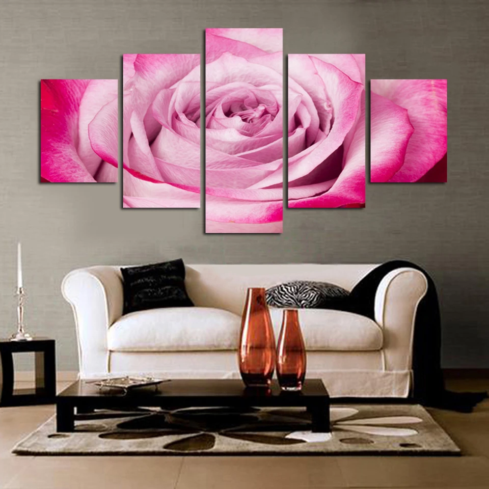 Home Decoration 5 Pieces/ Set Pink Rose Printed Canvas Painting Living