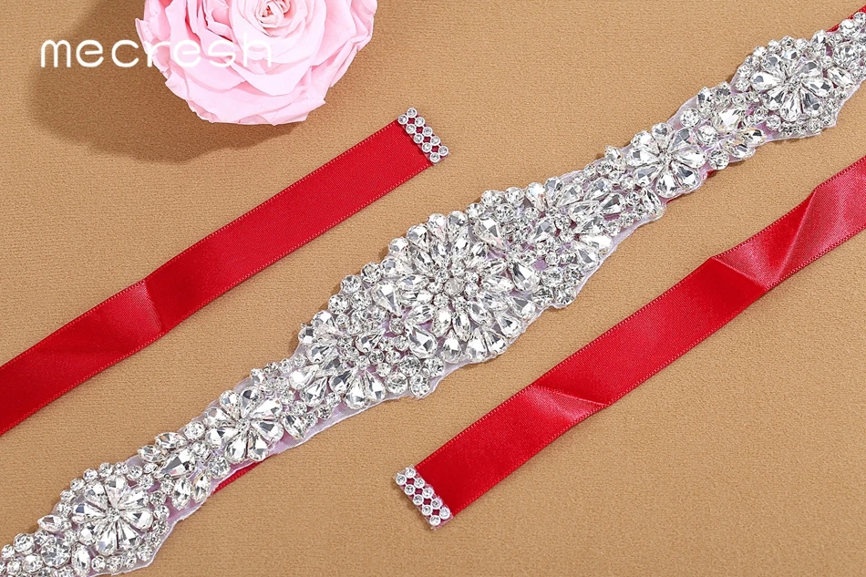 Mecresh Rhinestone Wedding Dress Belt for Bridal Gowns Red / White Satin Crystal Bride Belt Handmade Wedding Accessories YD001