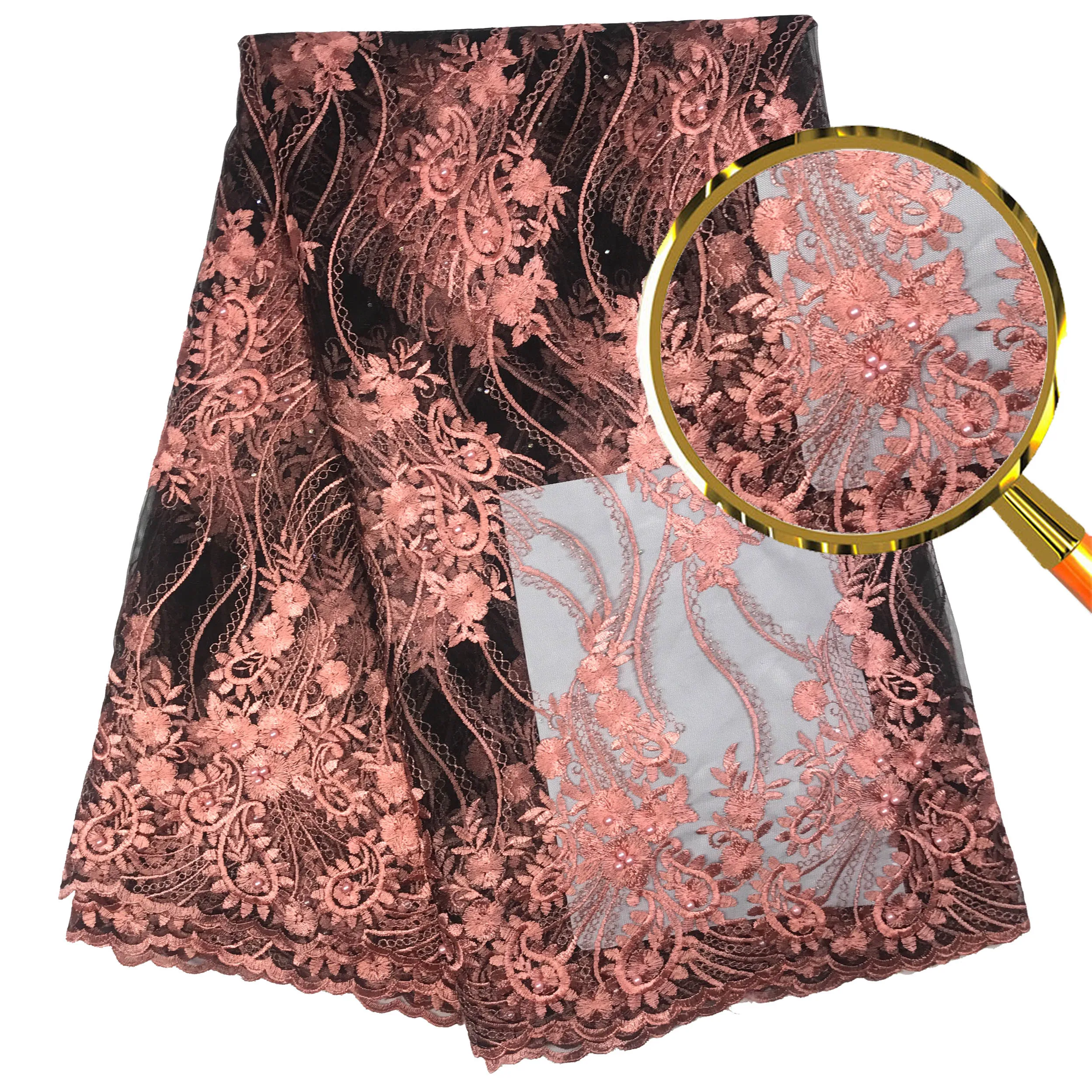 

African lace fabric,embroidered flower net lace,high quality Nigerian lace fabric with beads for wedding dress