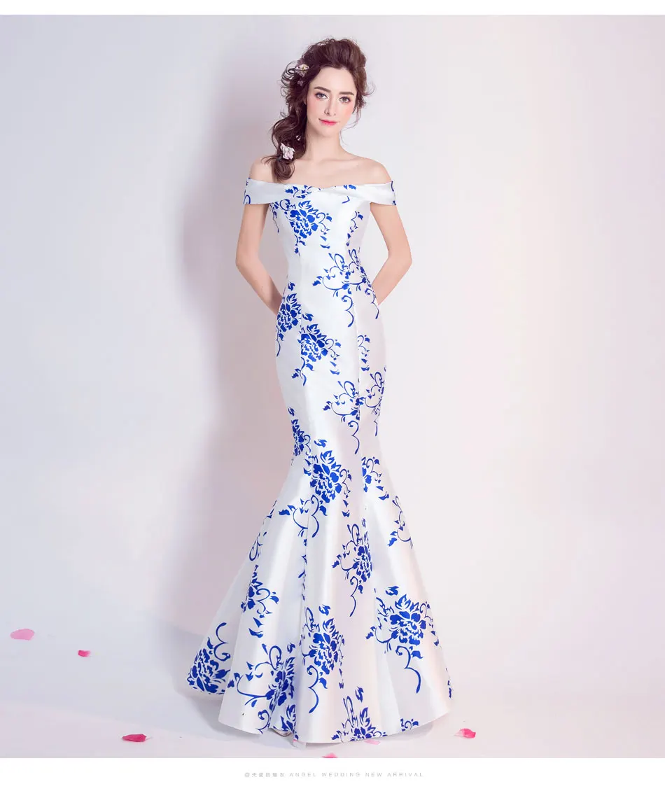 Классический сине-белое фарфоровое вечернее платье на выпускной с вырезом лодочки Торжественные платья