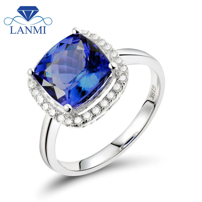 Single Stone Ring Designs Cushion Cut 8x8mm 18K White Gold Natural Tanzanite Ring With Diamonds For Sale R0014