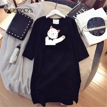 Cute Cat Summer Women Night Dress Print Short Sleeve White Nightgown Casual Loose Clothes Plus Size 4XL Kawaii Sleepwear plus bear print flounce sleeve striped night dress
