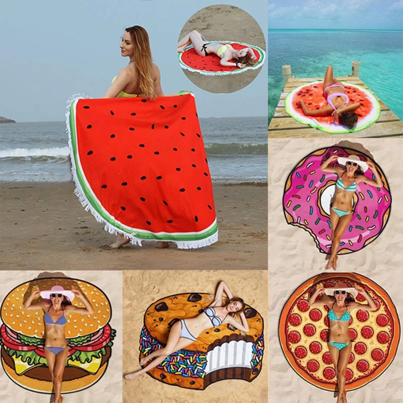 

Hot Sale Printed New Beach Swimming Towel Shawl Chocolate Sandwich Biscuit Mat Watermelon Round Yoga Pool Shower Towel Blanket