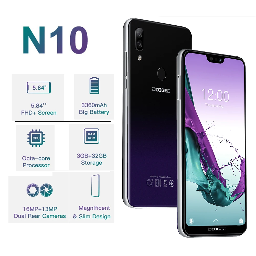 Смартфон DOOGEE N10 4G LTE 3+32 Гб 5 84'' FHD+19:9 камера 16 мп Android 8.1 аккумулятор 3360