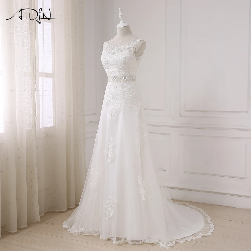 Elegant Long A Line Boat Neck Low Back Beading Appliques Wedding Dress in Wedding dresses