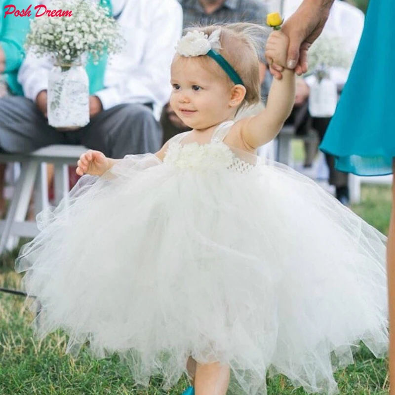 

POSH DREAM Ivory Flower Girl Tutu Dress for Wedding Party Ivory Flower Bow Cartoon Toddler Children Flower Birthday Tutu Dresses