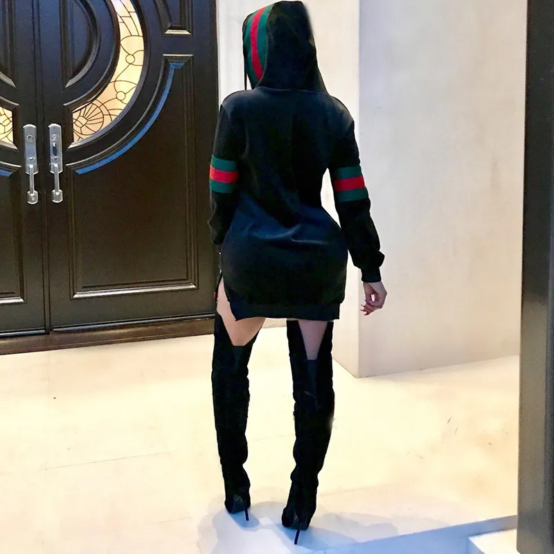 2017 Autumn Winter Casual Sweatshirt Dress Women Long Sleeve Black Striped Mini Hoodies Dresses Female Pullover Christmas Vestidos Hooded06