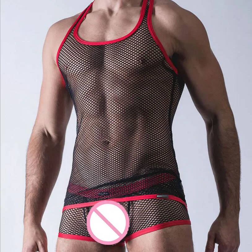 Male Sexy Sheer Black Mesh Red Surple Pants Side Trim Undershirt Vest Singlet with Matching Boxer Brief Erotic Lingerie Sets