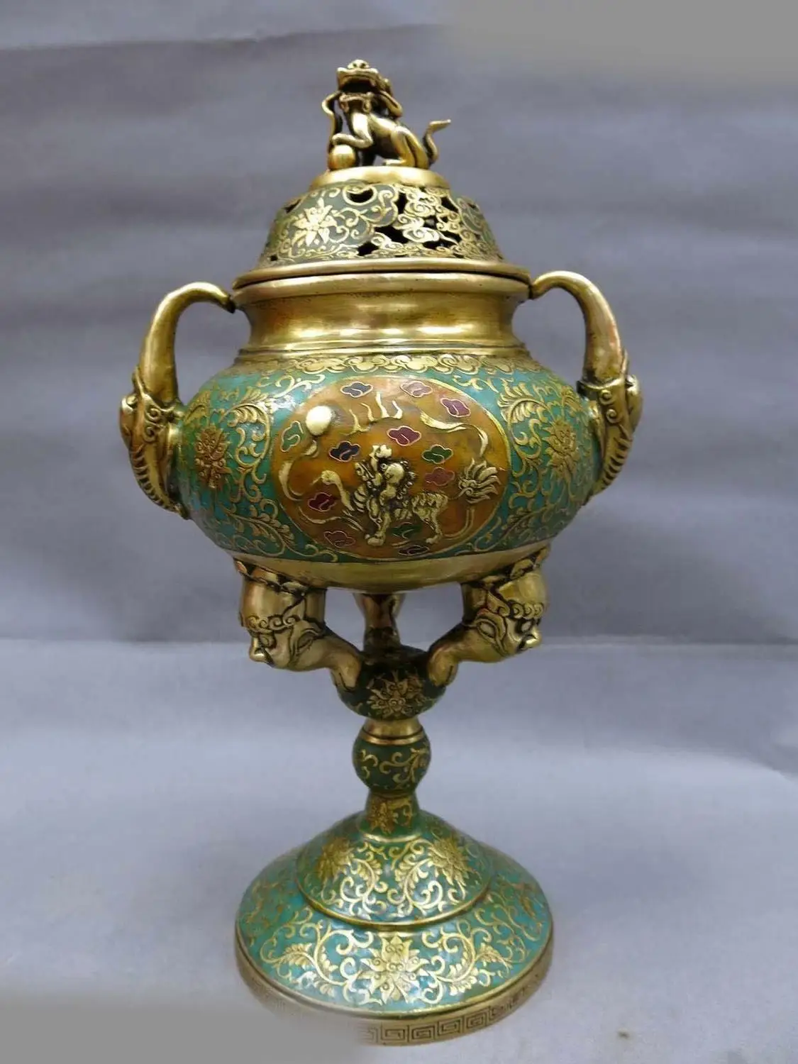 

13" China bronze Cloisonne censer Foo Dogs Lion elephant incense burner Statue