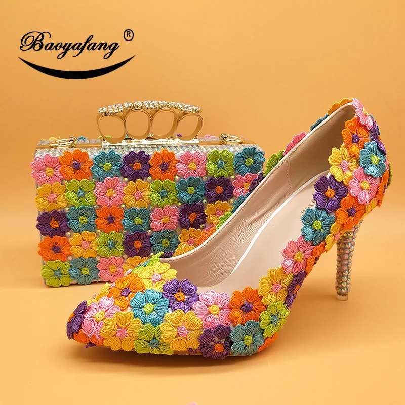 

High heels pointe toe shoes with matching bags Bride Payty Dress shoes and purse Multicolor Flower shoes for woman Pumps