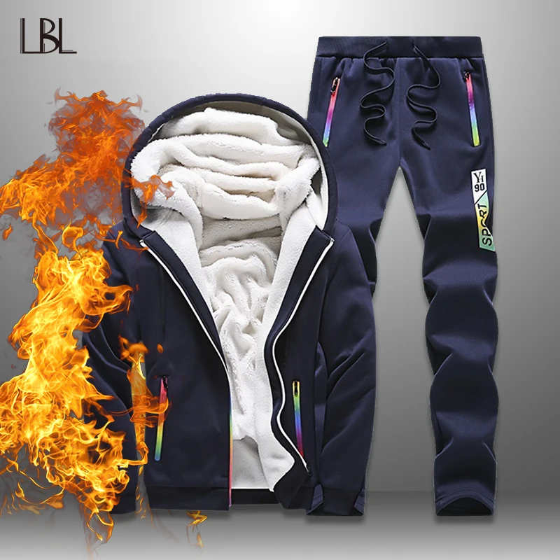 

LBL Inner Fleece Hooded Hoodie Men Winter 2018 Streetwear Casual Mens Hoodies Tracksuit +Pant Warm Sweatshirt Moletom Masculino